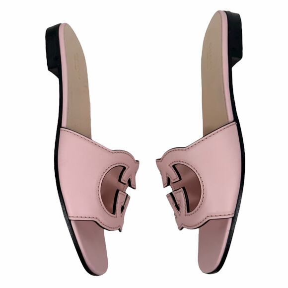 Gucci Interlocking G Cutout Leather Slide Flat Sandal Pink Size 37.5 - Picture 6 of 11